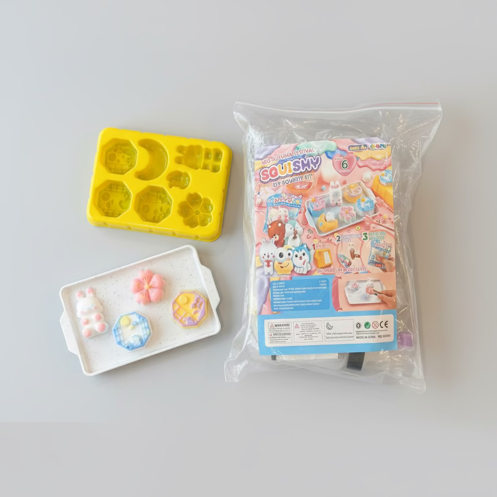 A toy set on a dark wooden table, including a yellow silicone mold tray, a white tray with three small colorful squishy figurines, and a packaged 'Squishy Dreamland' set in clear plastic packaging.
